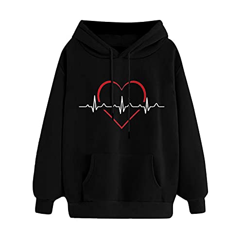 riou Mujer Sudaderas con Capucha Moda Tops Corazón Lindo Impreso Suelta Camiseta Manga Larga Suéter Jersey Casuales Ropa Otoño Invierno