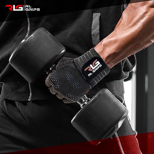 RL Grips® Guantes Gimnasio para Levantamiento de Pesas, Crossfit, Musculación con Muñequera y Grip de Silicona Antideslizante - Guantes Fitness para Hombre y Mujer con Muñequera (S, Negro)