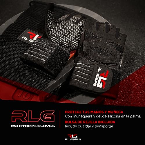 RL Grips® Guantes Gimnasio para Levantamiento de Pesas, Crossfit, Musculación con Muñequera y Grip de Silicona Antideslizante - Guantes Fitness para Hombre y Mujer con Muñequera (S, Negro)