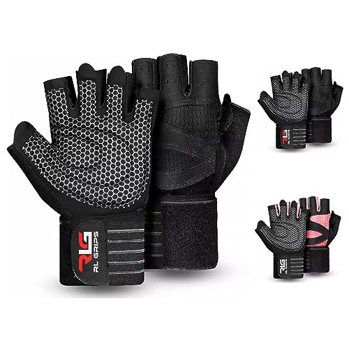 RL Grips® Guantes Gimnasio para Levantamiento de Pesas, Crossfit, Musculación con Muñequera y Grip de Silicona Antideslizante - Guantes Fitness para Hombre y Mujer con Muñequera (S, Negro)