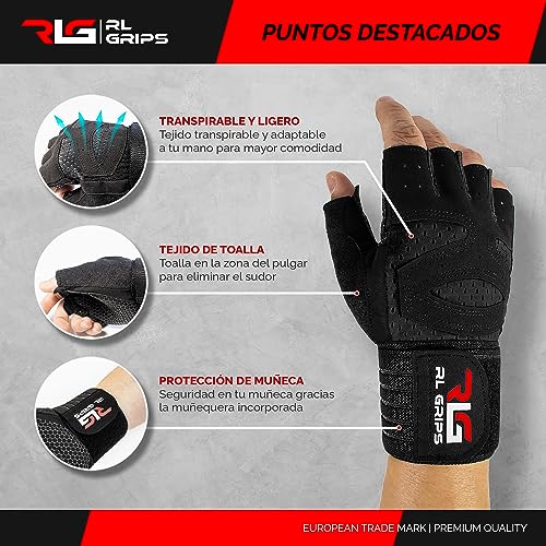 RL Grips® Guantes Gimnasio para Levantamiento de Pesas, Crossfit, Musculación con Muñequera y Grip de Silicona Antideslizante - Guantes Fitness para Hombre y Mujer con Muñequera (S, Negro)