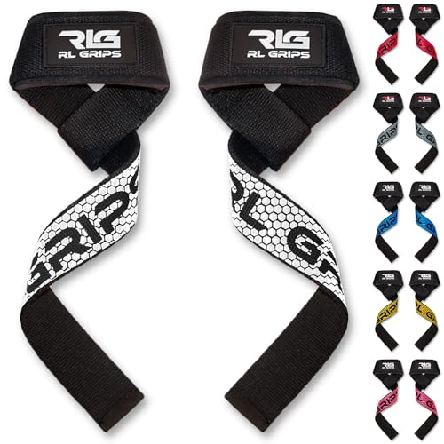 RLGrips® Straps Gym para Levantamiento de Pesas y Powerlifting - Correas de Agarre Fitness con Grip de Silicona para Gimnasio Acolchado - Agarraderas de Entrenamiento Peso Muerto, Jalón, Remo (Blanco)