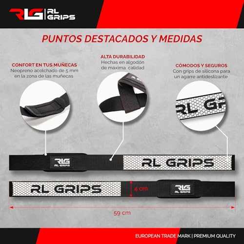 RLGrips® Straps Gym para Levantamiento de Pesas y Powerlifting - Correas de Agarre Fitness con Grip de Silicona para Gimnasio Acolchado - Agarraderas de Entrenamiento Peso Muerto, Jalón, Remo (Blanco)