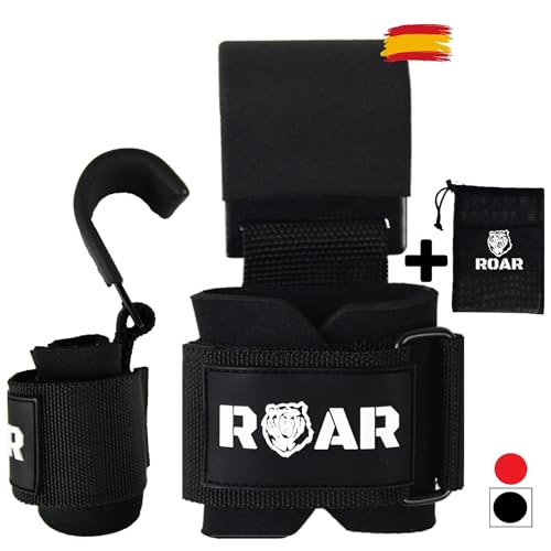 Roar® Ganchos de Metal para Levantamiento de Peso con Barra, Agarres para Gym, Agarraderas Gimnasio, Agarre Gimnasio, Correas de Agarre Gimnasio, Weightlifting Hooks, Straps. (Negros)