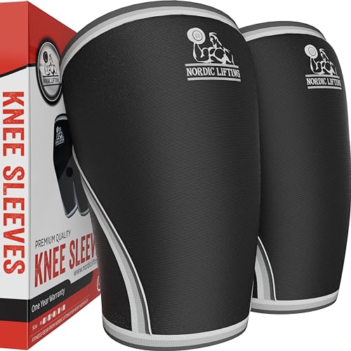 Rodilleras Nordic Lifting (1 par) Soporte y Compresión para Levantamiento de Pesas, Powerlifting y Cross Training - Manga de Neopreno de 7 mm para Las Mejores Sentadillas - Tanto para Mujeres como para Hombres - (L, Negro)