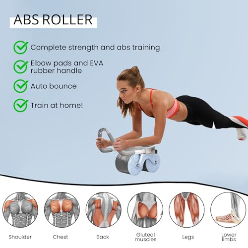 𝗥𝗼𝗱𝗶𝗹𝗹𝗼 𝗔𝗯𝗱𝗼𝗺𝗶𝗻𝗮𝗹 con Rebote Automático. Rueda Abdominales con Soporte para Codos. Entrenamiento en Casa con Rodillera y Cronómetro Incluidos. Deporte para Principiantes en el Hogar.