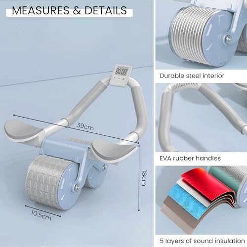 𝗥𝗼𝗱𝗶𝗹𝗹𝗼 𝗔𝗯𝗱𝗼𝗺𝗶𝗻𝗮𝗹 con Rebote Automático. Rueda Abdominales con Soporte para Codos. Entrenamiento en Casa con Rodillera y Cronómetro Incluidos. Deporte para Principiantes en el Hogar.