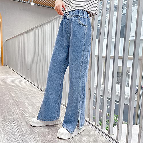 Rolanko Vaqueros Niñas, Loose Denim Pantalones Cintura Elástica Moda Rotos Azul para Niños, Blue&Split, Tamaño: 160