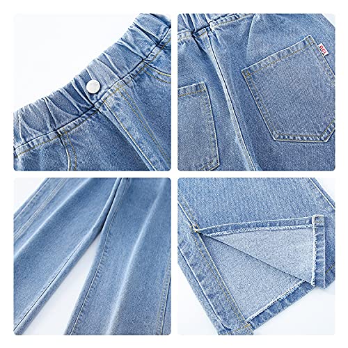 Rolanko Vaqueros Niñas, Loose Denim Pantalones Cintura Elástica Moda Rotos Azul para Niños, Blue&Split, Tamaño: 160