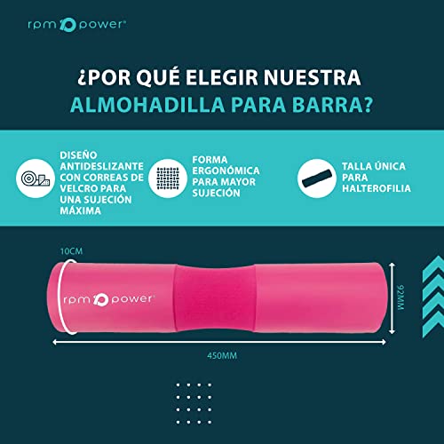 RPM Power Almohadilla para pesas – Almohadillas de empuje resistentes para levantamiento de pesas, sentadillas y cadera con protección de espuma acolchada para barra con peso (rosa)