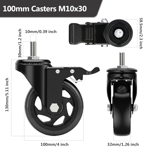 RRIUTO Ruedas para Muebles 100MM con Freno, Ruedas Giratorias con Perno M10x30, Ruedas Pivotantes 360 Grado que No Dejan Marcas, 4 Ruedas Transporte de Doble Rodamiento Capacidad 500KG