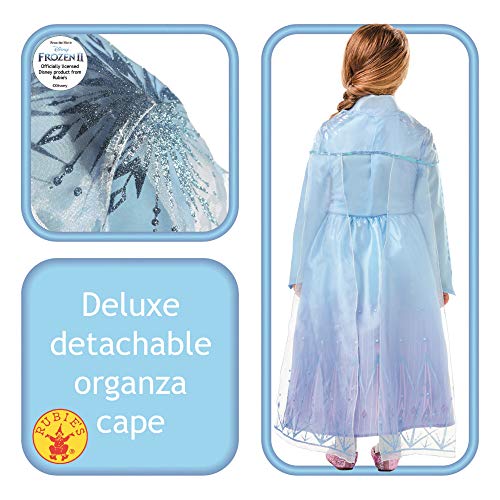 Rubies Disfraz Elsa Deluxe Frozen 2 para niña, Vestido de Lujo Oficial Elsa de Frozen en color azul, con detalles en purpurina y capa con detalles en purpurina