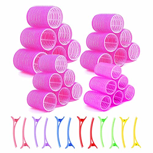 Rulos, 24 Piezas Hair Rollers, Rulos Pelo Grandes con 12 Pinzas Pico de Pato Plástico, Rulos Pelo Corto, Rulos Pelo Para Mujeres con Cabello Corto y Mediano