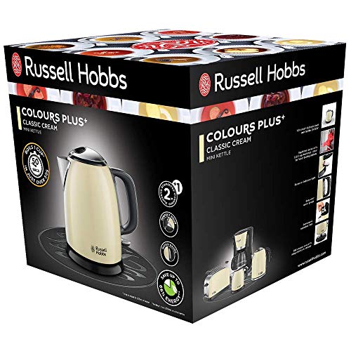 Russell Hobbs Hervidor de Agua Eléctrico Colours Plus - 1 litro, Hervidor Pequeño, 2400 W, Filtro Extraíble, Zona de Ebullición Rápida, Base de 360°, Indicador Nivel de Agua, Inox., Crema - 24994-70