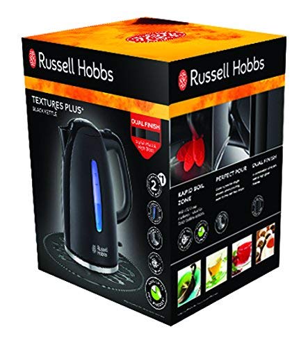 Russell Hobbs Hervidor de Agua Eléctrico Textures - 1,7 litros, 2400 W, Filtro Extraíble, Zona de Ebullición Rápida, Base de 360°, Indicador Nivel Agua, Plástico Alto Brillo, sin BPA, Negro