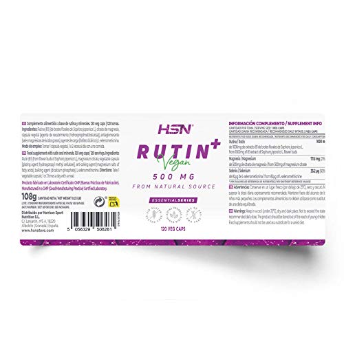 Rutina Pura 1000 MG de HSN | 120 Cápsulas Vegetales Extracto Sophora japonica 8x Veces Más Concentrado | Con Selenio + Citrato de Magnesio | No-GMO, Vegano, Sin Gluten