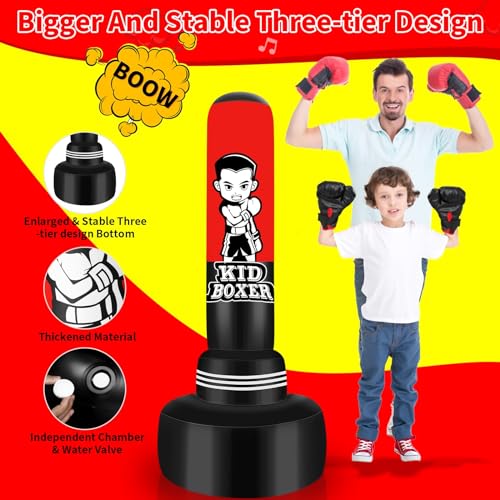 Saco de Boxeo de piepara niños Set 165cm Grande de Tres Niveles de diseño Estable, Inflable Saco Boxeo con Guantes de Boxeo y Bomba de Aire eléctrica para de 3-15 años de Edad Karate de formación