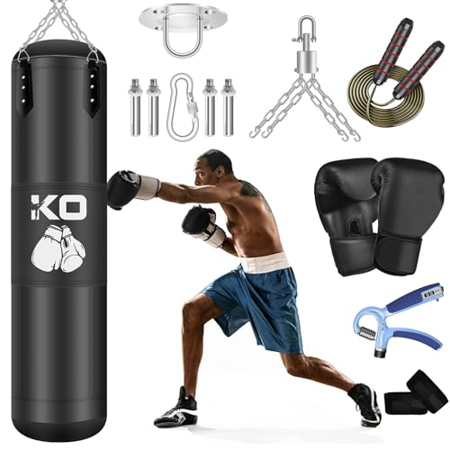 Saco de Boxeo para Adultos, Juego de Vendas, Cadena, Gancho de Techo y Guantes de 12 onzas, Ideal para Entrenar en MMA, Kickboxing, Boxeo, Karate y Gimnasia en casa