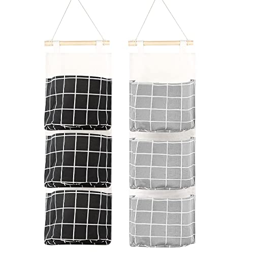 SALADOCY 2 Pcs Bolsa De Alamcenamiento Colgante, Bolsa De Almacenamiento Colgante De Lino, con 3 Bolsillos, para Dormitorio, Baño, Cocina, Oficina(Negro y Gris)