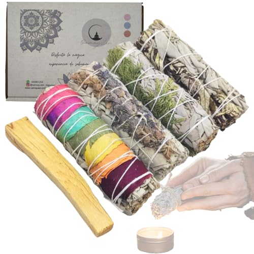 SamayZen - Kit Sahumerios Salvia para Quemar 7 Chakras - Yerba Santa - Lavanda - Cedro - Palo Sagrado Santo - Atados para Meditar y Relajarse - Incienso Natural - Ritual Limpieza energética - Smudge