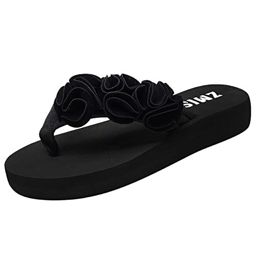 Sandalias Flip Flop para Mujer Plataforma Negra con Flores Chanclas Zapatos Elegantes para Mujer