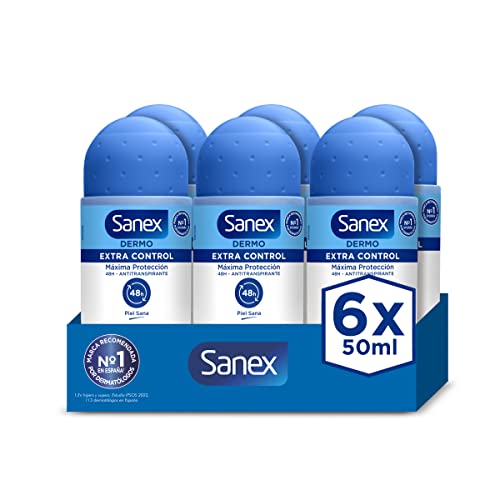 Sanex Dermo Extra Control Desodorante Roll-On, Pack 6 Uds x 50 ml, Desodorante Antitranspirante, hasta 48H de Protección Contra el Sudor y el Olor, Restaura el pH Natural de la Piel