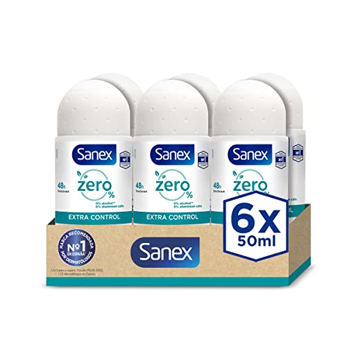 Sanex Zero% Extra Control Desodorante Roll-On, 50ml, Protección 48H, 0% Alcohol, 0% Sales de Aluminio, Cuida y Mantiene la Piel Sana, Inhibe la Formación de Olores Corporales