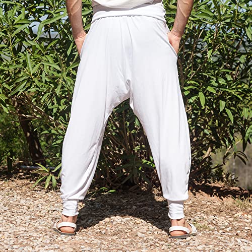 SAVARI | Pantalones Harem con Bolsillos | Étnico | Comodos y Holgados | Pantalón Ideal para Yoga y Pilates | Algodón Reciclado | Hombre y Mujer | Tallas Grandes Disponibles | Color Blanco | Talla XXL