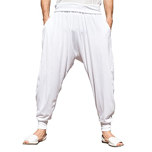 SAVARI | Pantalones Harem con Bolsillos | Étnico | Comodos y Holgados | Pantalón Ideal para Yoga y Pilates | Algodón Reciclado | Hombre y Mujer | Tallas Grandes Disponibles | Color Blanco | Talla XXL