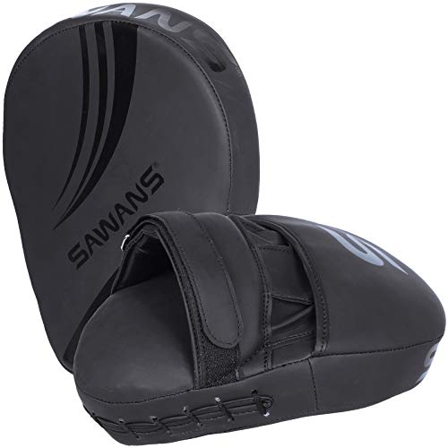 SAWANS® Almohadillas de enfoque para boxeo, guantes de cuero para kickboxing, artes marciales, artes marciales, entrenamiento de Muay Thai (negro mate)