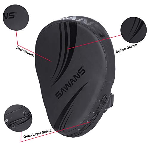 SAWANS® Almohadillas de enfoque para boxeo, guantes de cuero para kickboxing, artes marciales, artes marciales, entrenamiento de Muay Thai (negro mate)