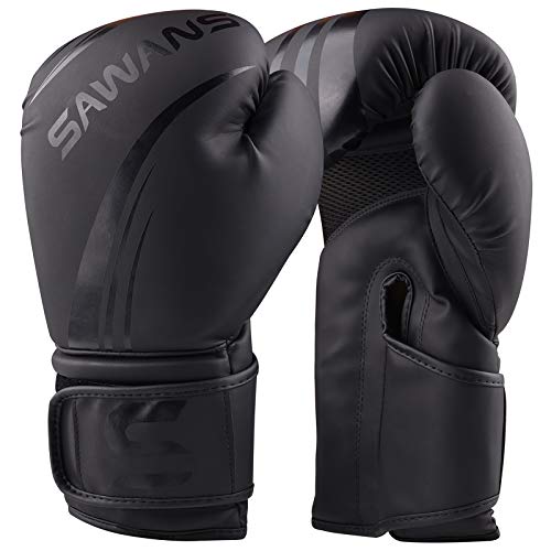 SAWANS® Guantes de Boxeo Profesionales MMA Sparring Kickboxing Saco de Boxeo Entrenamiento Muay Thai Lucha (Negro Mate, 12 oz)