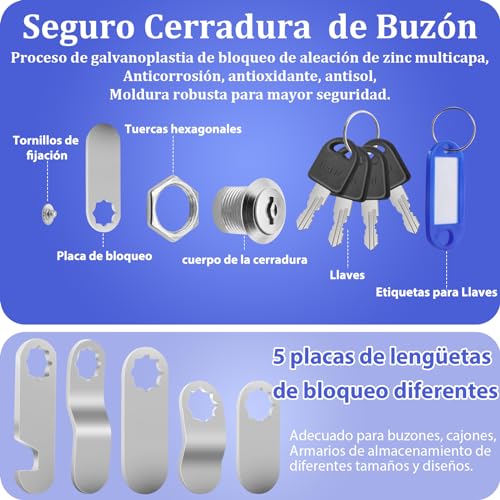 Scettar Cerradura de Buzón 16mm, 2 Cerradura Buzon con 8 Llaves, 10 Placas de Bloqueo, 4 Etiquetas para Llaves, Cerradura de Leva de Armario Fechadura da caixa de correio para Taquilla, Armario, Cajón