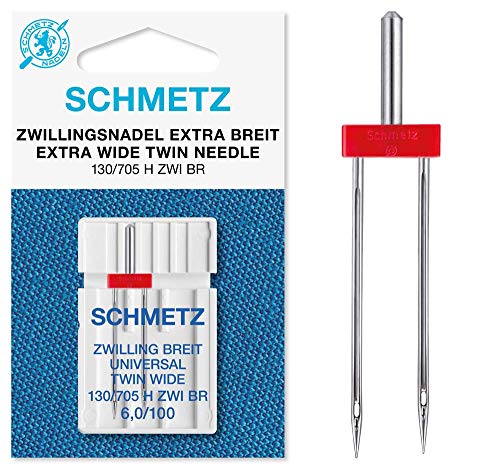 SCHMETZ - Aguja para máquina de coser |1 Aguja Gemela Universal extraancha 6,0/100 | 130/705 H ZWI BR NE 6,0 | Solo para máquinas de coser domésticas con función zigzag y un ancho de puntada máximo de por lo menos 6 mm