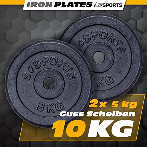 ScSPORTS® Juego de Discos de Pesas – 10 kg, Pesas 2 x 5 kg, Ø 30/31 mm, Hierro Fundido, Negro - Set de Discos de Peso, para Mancuernas y Barbell, Gimnasio, Musculación, Fitness