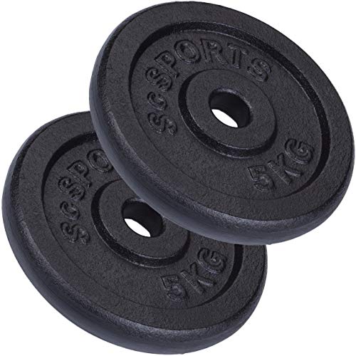 ScSPORTS® Juego de Discos de Pesas – 10 kg, Pesas 2 x 5 kg, Ø 30/31 mm, Hierro Fundido, Negro - Set de Discos de Peso, para Mancuernas y Barbell, Gimnasio, Musculación, Fitness