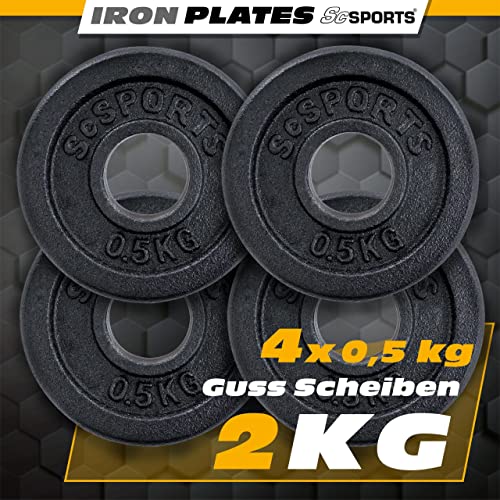 ScSPORTS® Juego de Platos de Pesas - 2 kg (4 x 0.5 kg), Hierro Fundido, Ø 30/31 mm, Negro – Set de Discos de Pesas para Mancuernas, para Gimnasio en Casa, Fitness, Musculación