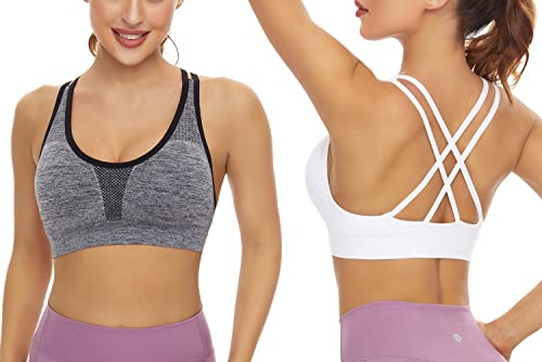 SEGRILA Sujetadores Deportivos para Mujer, 3 Unidades, Espalda entrecruzada, Sostenes de Yoga, Soporte Medio, con Almohadillas extraíbles, Negro y Blanco y Gris.,Large