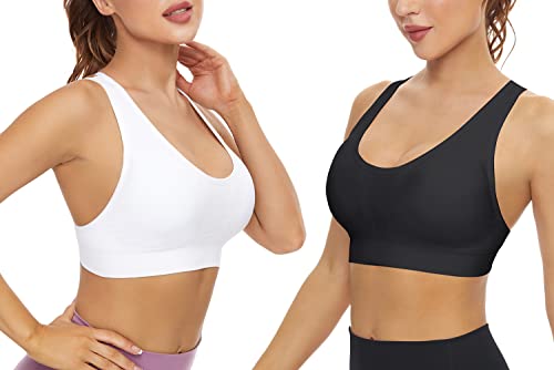 SEGRILA Sujetadores Deportivos para Mujer, 3 Unidades, Espalda entrecruzada, Sostenes de Yoga, Soporte Medio, con Almohadillas extraíbles, Negro y Blanco y Gris.,Large