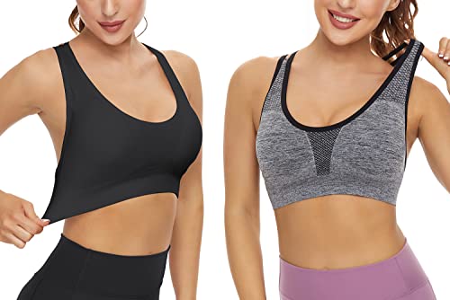 SEGRILA Sujetadores Deportivos para Mujer, 3 Unidades, Espalda entrecruzada, Sostenes de Yoga, Soporte Medio, con Almohadillas extraíbles, Negro y Blanco y Gris.,Large