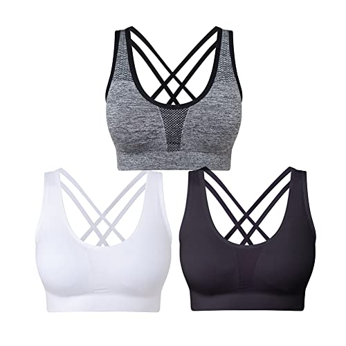 SEGRILA Sujetadores Deportivos para Mujer, 3 Unidades, Espalda entrecruzada, Sostenes de Yoga, Soporte Medio, con Almohadillas extraíbles, Negro y Blanco y Gris.,Large