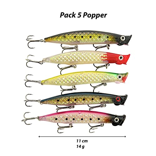 Señuelos de Pesca para Superficie – Popper – Pack de Pesca Catching/Spinning – señuelos flotantes Artificiales – señuelos Lucio/Black Bass/lubina – Pesca mar – 11 cm y 14 Gramos