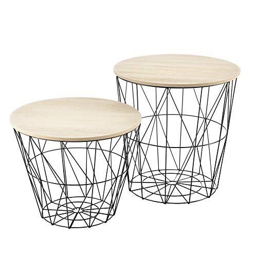 Set de 2X Cestas de Metal con bandejas extraíbles Mesa Baja Mesa Auxiliar para Almacenar Mesas de té y café Mesas de Centro Negro y Color de Madera