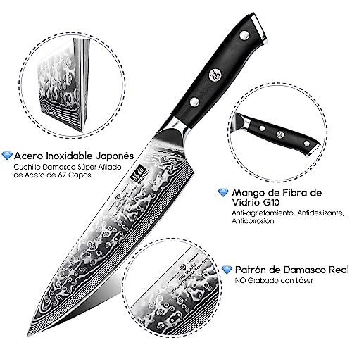 SHAN ZU Cuchillo de Cocina Damasco, 20cm Cuchillo Chef Japones de Acero Damasco de 67 Capas, Mango de Material G10, Cuchillo de Cocinero Profesional para Cortar Verdura, Fruta, Carne - PRO Series