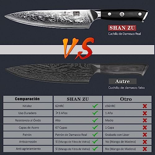 SHAN ZU Cuchillo de Cocina Damasco, 20cm Cuchillo Chef Japones de Acero Damasco de 67 Capas, Mango de Material G10, Cuchillo de Cocinero Profesional para Cortar Verdura, Fruta, Carne - PRO Series