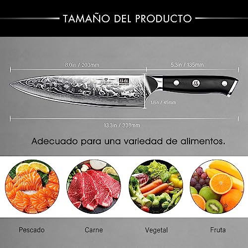 SHAN ZU Cuchillo de Cocina Damasco, 20cm Cuchillo Chef Japones de Acero Damasco de 67 Capas, Mango de Material G10, Cuchillo de Cocinero Profesional para Cortar Verdura, Fruta, Carne - PRO Series