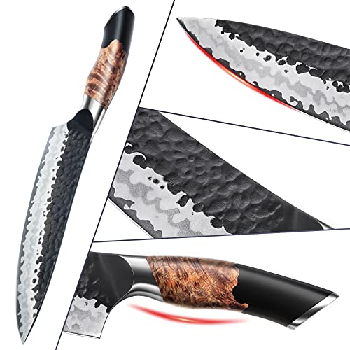 SHAN ZU Cuchillo Japonés Forjado a Mano, Cuchillo de Cocina 20 cm, 7 Capas Cuchillo de Chef Afilado de Acero al Carbono, Cuchillo Gyuto Profesional para Verdura y Carne, Mango de Madera de Arce