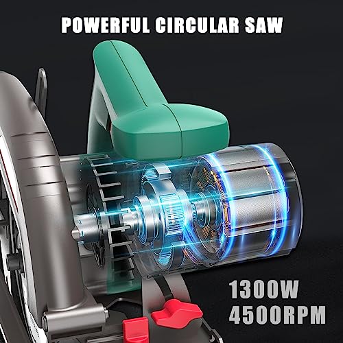 Sierra Circular HYCHIKA 1300W 4500RPM 185mm Mini Sierra Circular, Motor de alta Potencia, Profundidad de corte 65mm (90º), 45mm (45º), Extracción de Polvo, 2M Cable, para Corte de Madera/Plástico