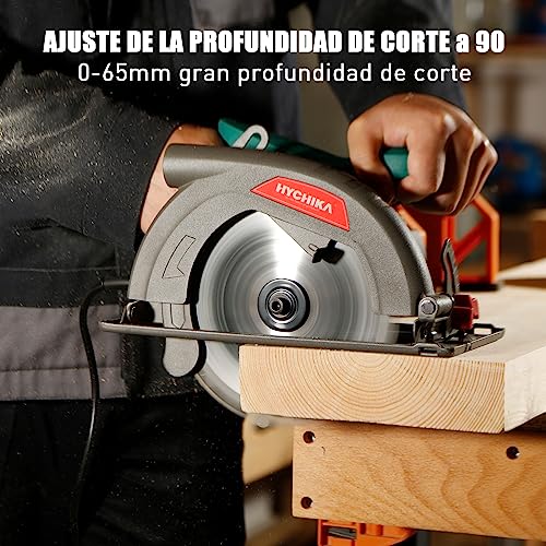 Sierra Circular HYCHIKA 1300W 4500RPM 185mm Mini Sierra Circular, Motor de alta Potencia, Profundidad de corte 65mm (90º), 45mm (45º), Extracción de Polvo, 2M Cable, para Corte de Madera/Plástico