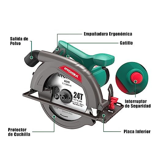 Sierra Circular HYCHIKA 1300W 4500RPM 185mm Mini Sierra Circular, Motor de alta Potencia, Profundidad de corte 65mm (90º), 45mm (45º), Extracción de Polvo, 2M Cable, para Corte de Madera/Plástico